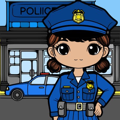 girl cop realistic hair in bun and chief badge on her cop uniform in front of a police station