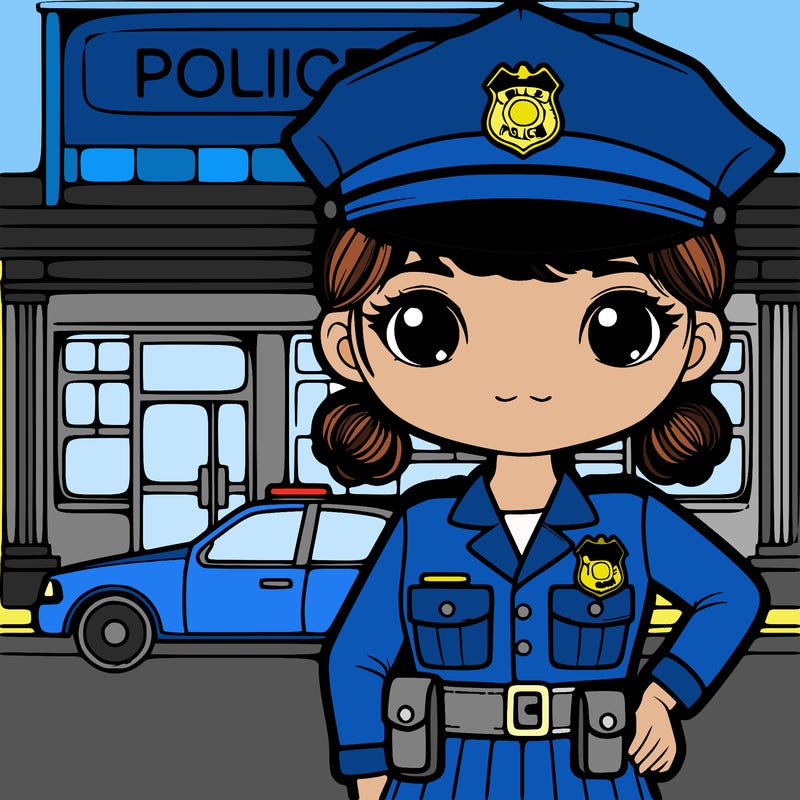 girl cop realistic hair in bun and chief badge on her cop uniform in front of a police station