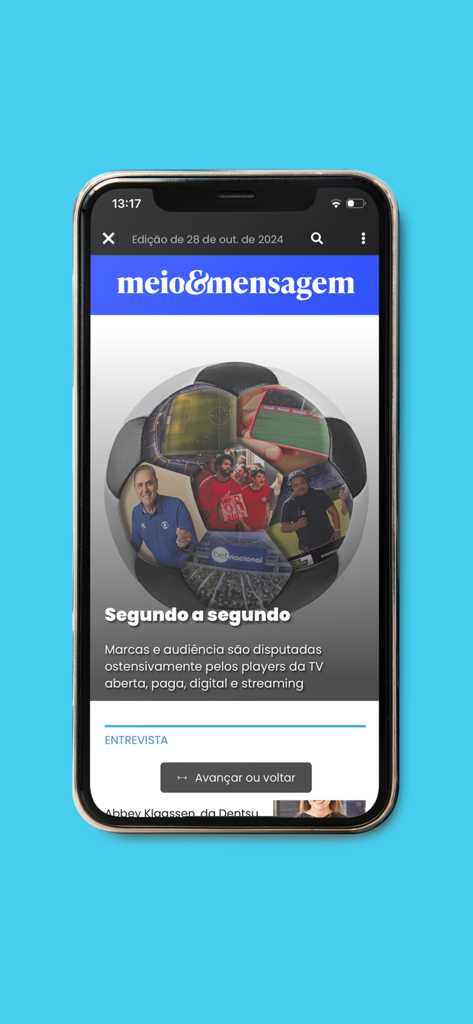 Interface of the Meio & Mensagem app displaying a marketing news article with a soccer ball graphic