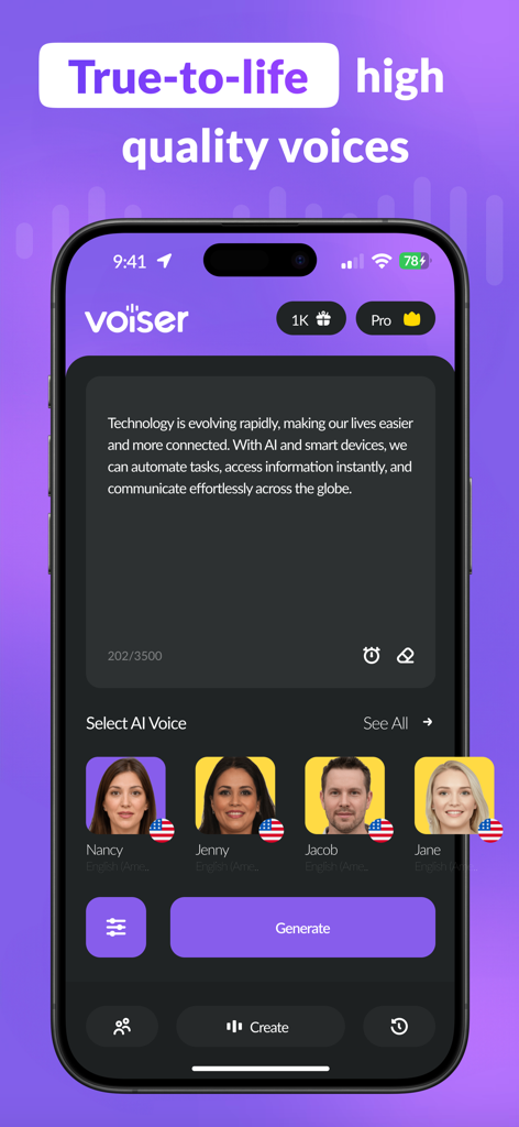 AI Voice Over: Text to Speech - Voiser AI app interface featuring text input and a selection of AI voices for human like speech generation