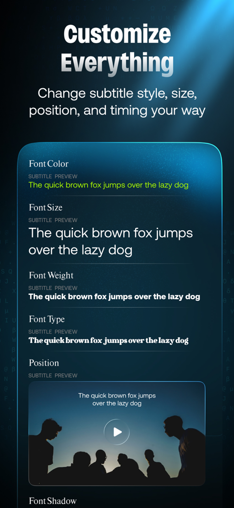 AutoSub - Video Translator - Interface of AutoSub app showing subtitle customization options for font color size weight and position