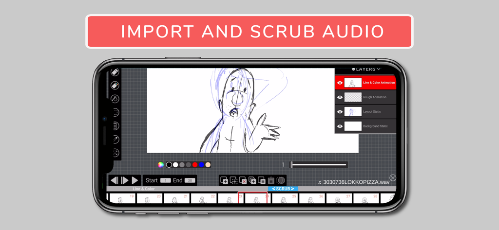 Animation Sketch Pro - Animation Sketch Pro app interface showing audio scrubbing and timeline for 2D hand drawn animation