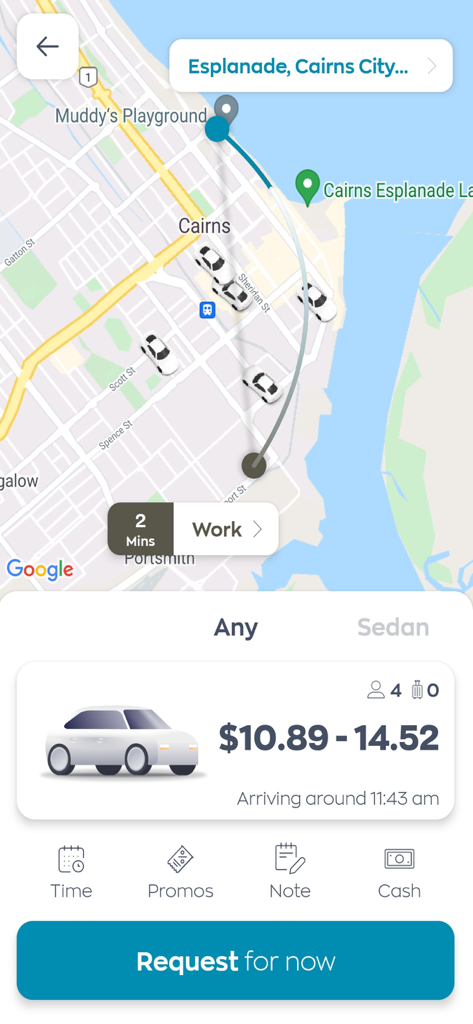 Interface of the Cairns Taxis Booking App showing a map with nearby taxis and a ride fare estimate