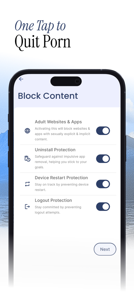 LeadMeNot app screen showing content blocking options for adult websites and device protection settings.