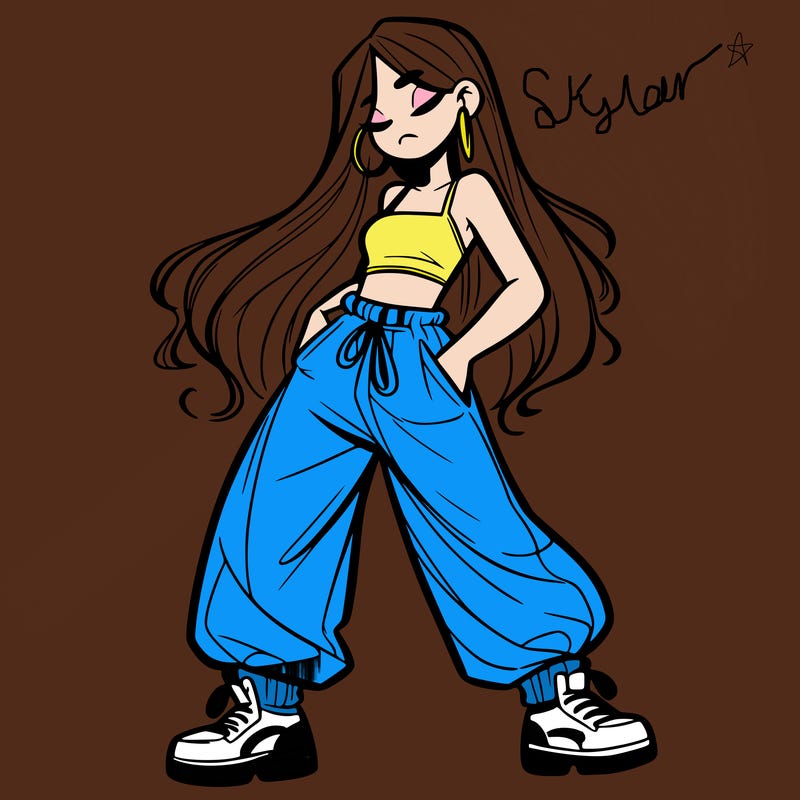 girl in baggy pants crop top and long hair