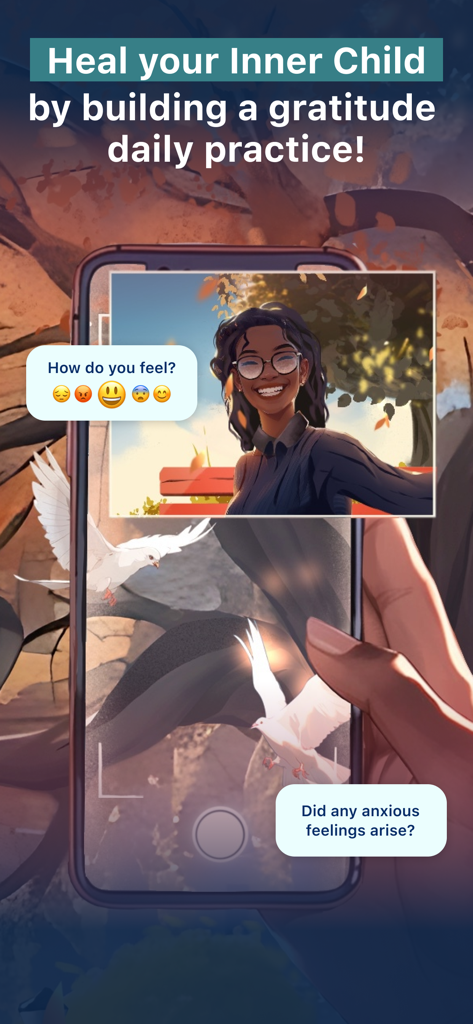 Lumiere: Anxiety & Stress Aid - A smartphone interface displaying the Lumiere app gratitude feature for healing the inner child through daily photo journaling and mood check-ins