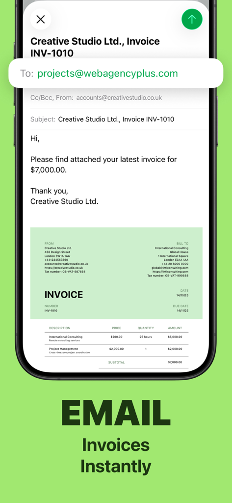 Invoice.app: Receipt Generator - Mobile interface of Invoice.app showing a professional PDF invoice being sent via email to a client.