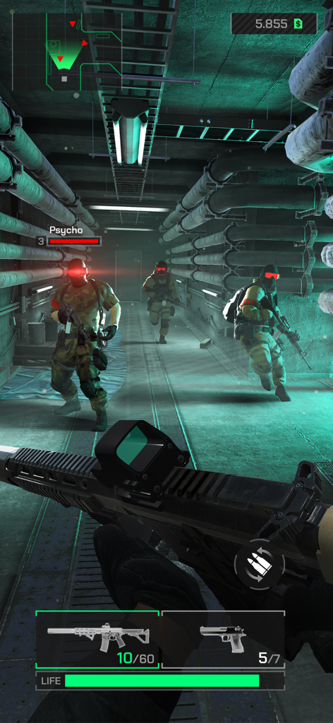 HEADSHOT INC. - Vista en primera persona de una misión de tirador táctico en HEADSHOT INC con enemigos en un túnel.