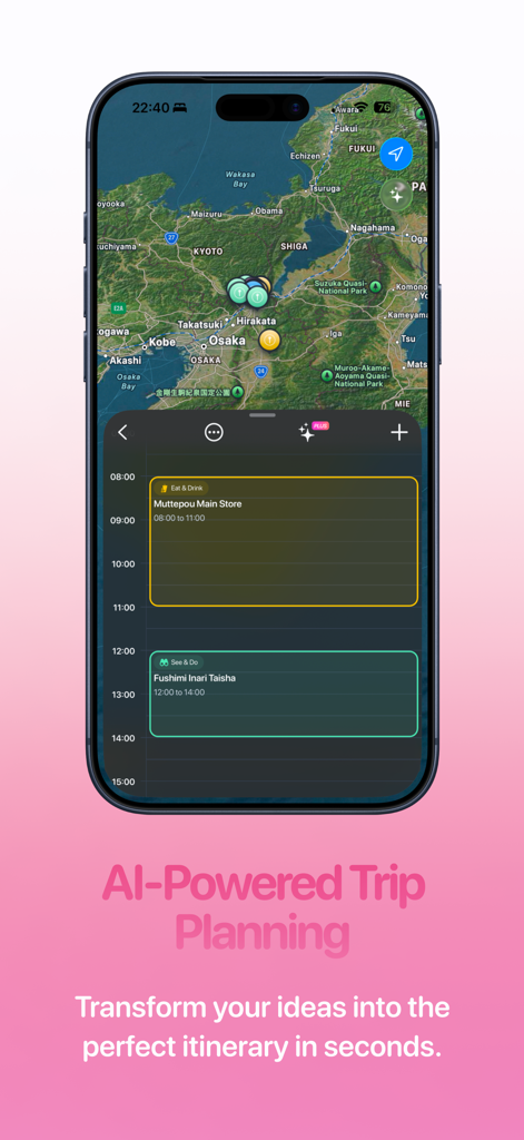 Pogo - Trip Planner - Pogo app interface displaying an AI powered trip itinerary and map