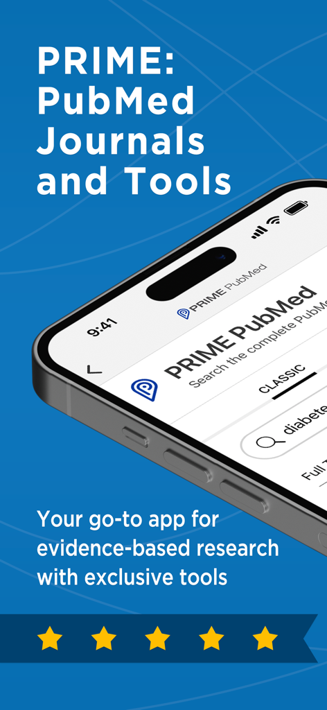 Prime: PubMed Journals & Tools - Smartphone displaying the Prime PubMed app for evidence based medical research