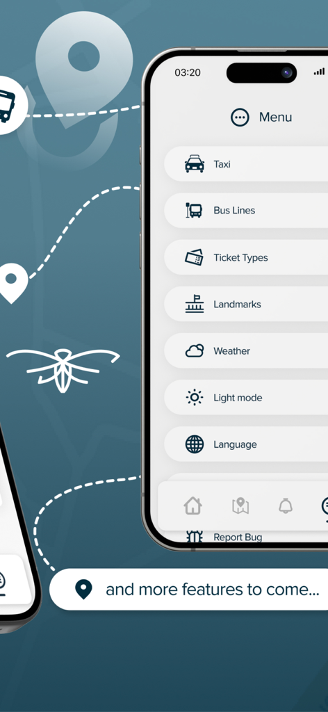 Go Public Transport - Go Public Transport 앱의 메뉴 화면에는 택시, 버스 노선, 랜드마크, 날씨와 같은 기능이 나열되어 있습니다.