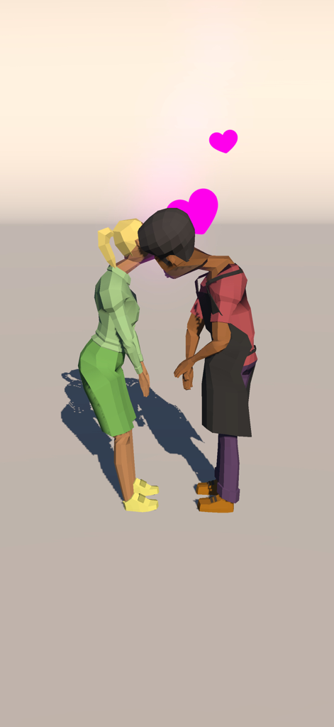 Kissing Now : Just Match! - Dois personagens 3D do jogo se inclinando um para o outro para se beijar com corações cor-de-rosa acima