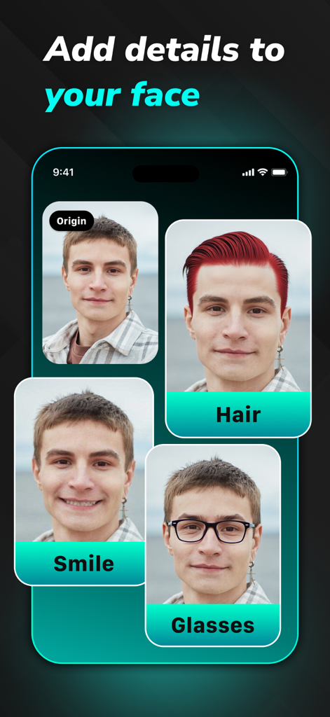 Interfaccia dell'editor fotografico AI che mostra modifiche del viso tra cui cambio colore dei capelli, miglioramento del sorriso e aggiunta di occhiali