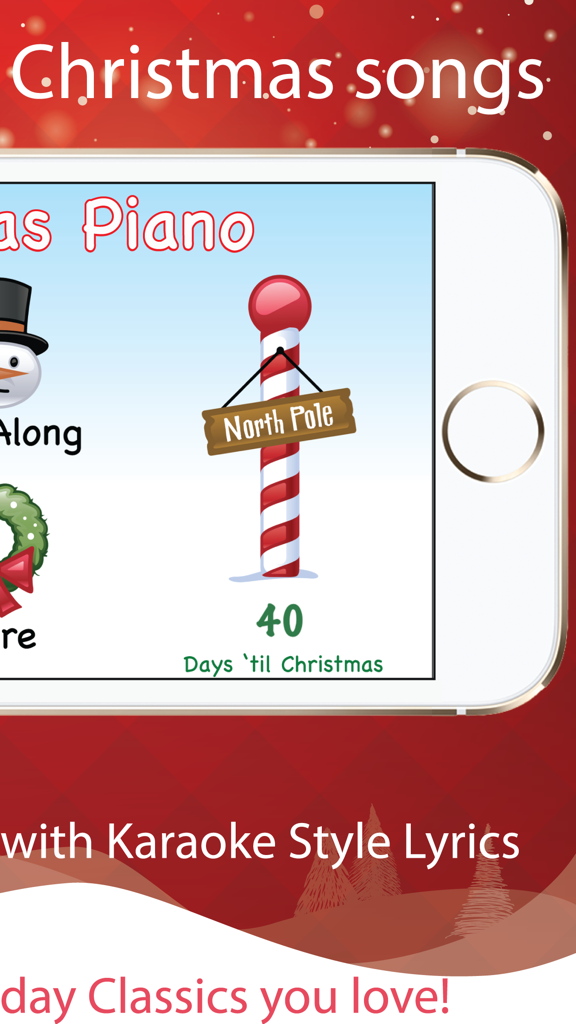 Christmas Piano with Songs - Christmas Piano app interface showing a holiday countdown and karaoke style lyrics