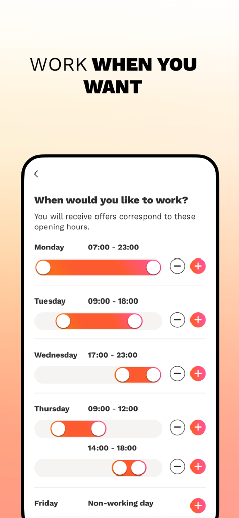 Interface for setting flexible working hours in the Wecasa Pro app