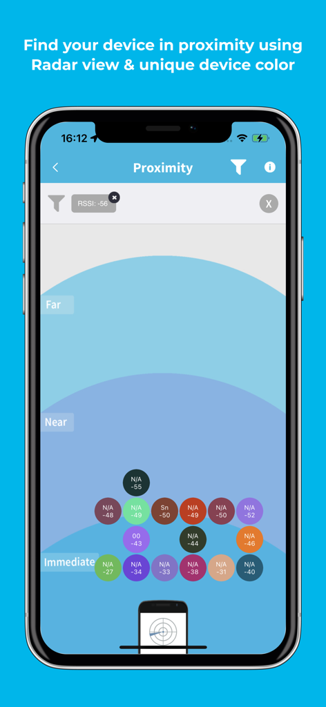BLE Scanner 4.0 - BLE Scanner 4.0의 Bluetooth 근접 레이더 보기에는 원거리, 근거리 및 즉시와 같은 거리 구역별로 주변 장치가 표시되며 RSSI 신호 강도 값이 표시됩니다.