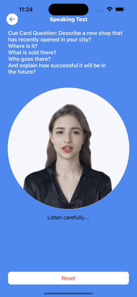 IELTS PTE Exam Prep - BabyCode - IELTS speaking test practice screen with AI tutor and cue card question