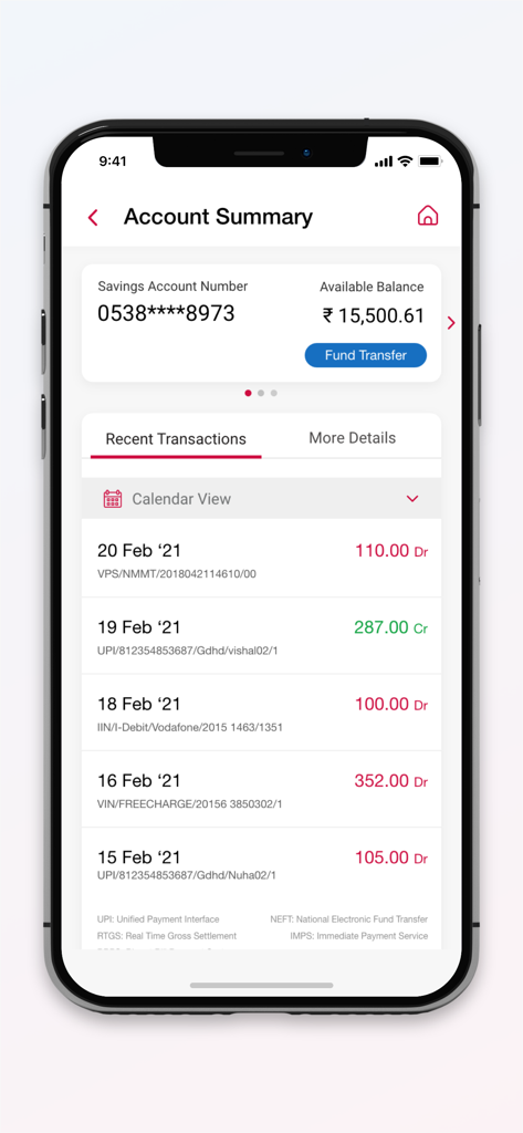 CentMobile - CentMobile app account summary screen showing savings balance and recent transactions list
