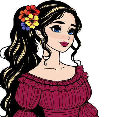 a single latina woman with a side ponytail and a long dress with ruffles. she has a few discreet flowers in her hair. realistic