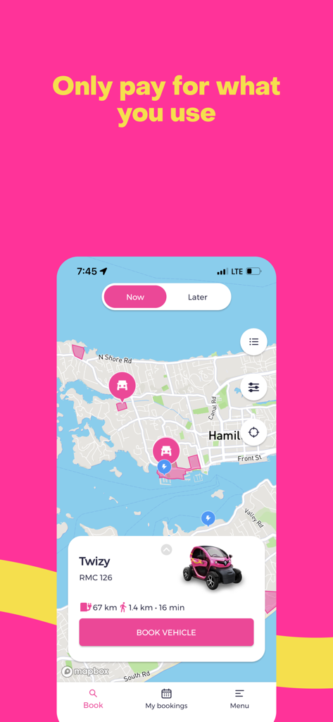 Current Bermuda - Current Bermuda 앱 지도 인터페이스는 이용 가능한 전기차와 예약 버튼을 보여줍니다.