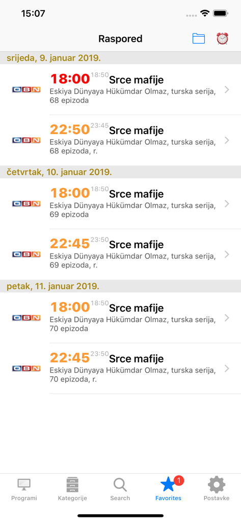 BiH TV - BiH TV app interface displaying a schedule of TV programs with broadcast times