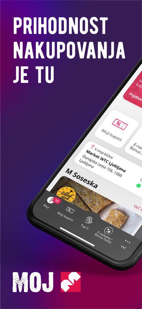 MOJ M - MOJ M mobile App-Oberfläche mit Treuegutscheinen und Filialstandortfunktionen
