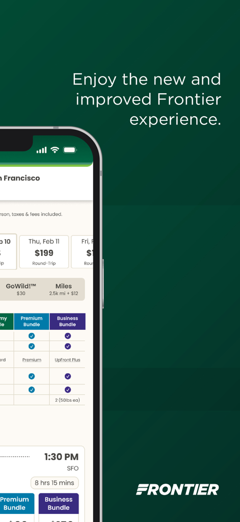Interfaccia dell'app mobile Frontier Airlines che mostra i risultati della ricerca voli e le opzioni dei pacchetti di viaggio.