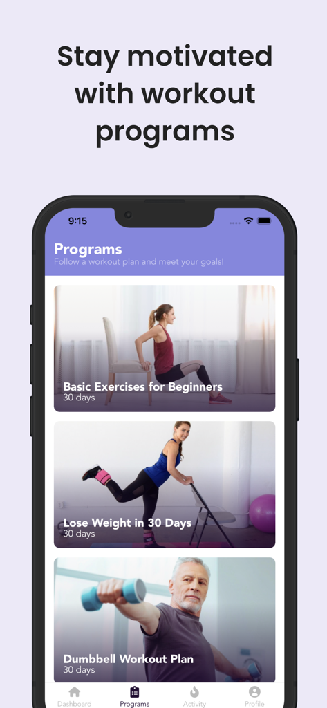Chair Exercises & Workouts - Mobile app screen showing various 30-day chair workout programs for beginners weight loss and seniors with dumbbells