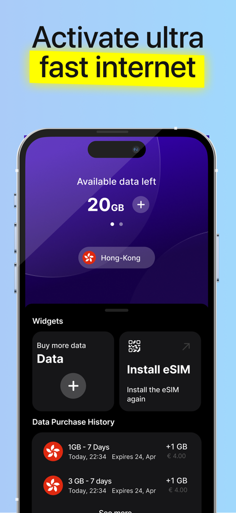 ZERO eSIM and VPN app dashboard showing data balance and travel plan history for Hong Kong