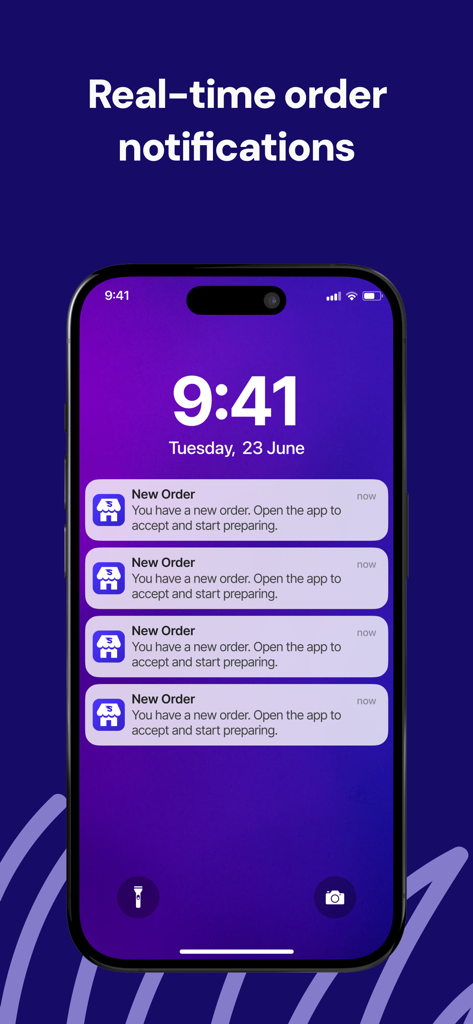 Swoop Rider - A smartphone screen displaying multiple real-time new order push notifications for a delivery driver.