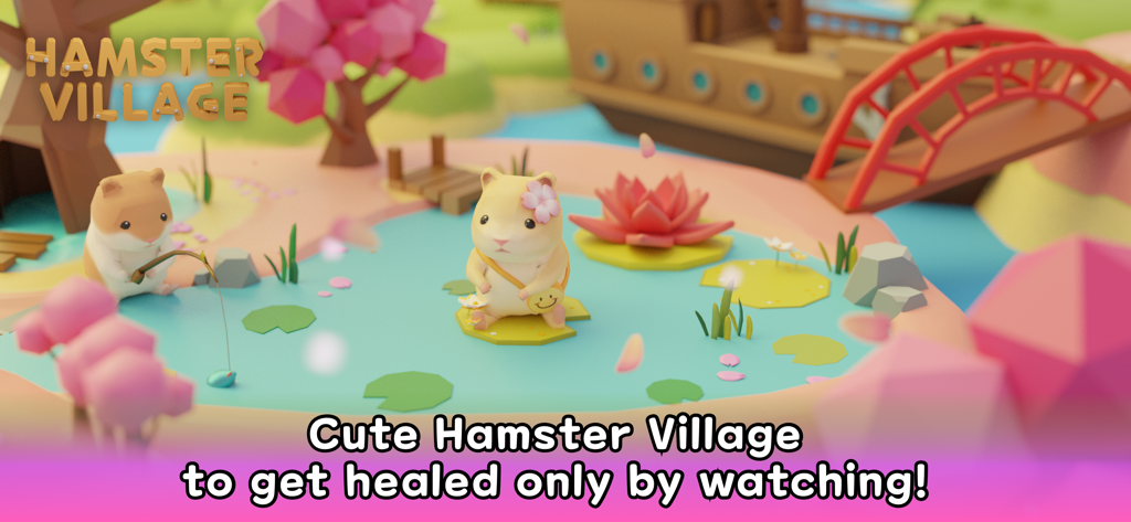 Two cute hamsters relaxing in a colorful fairy tale village with a pond and cherry blossoms