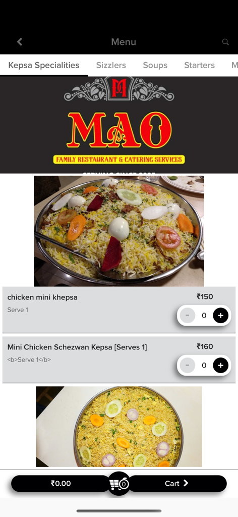 Mao Restaurant - Mao Restaurant app menu screen showing chicken mini khepsa specialties.