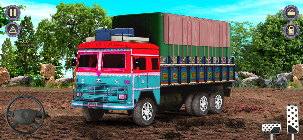 A colorful Indian cargo truck with traditional desi art parked on a dirt road in a 3D driving simulator game interface.