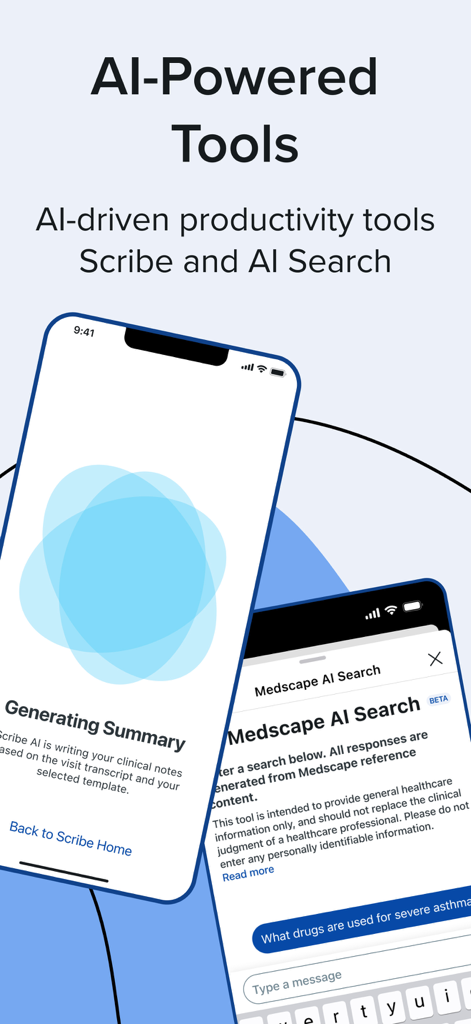 Medscape mobile app showing AI-powered tools for clinical note transcription and medical search.