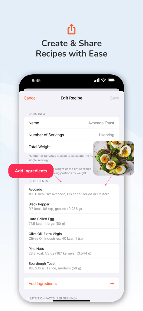 Calorie Counter by Pro Tracker - Pro Tracker app screen for creating and sharing healthy recipes