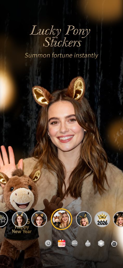Une jeune femme utilisant les autocollants AR Lucky Pony et le filtre Nouvel An 2026 dans l'application Camera360.