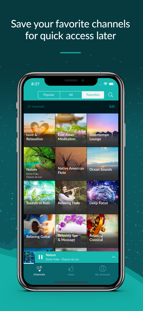 Zen Radio: Calm Relaxing Music - Screenshot of Zen Radio app showing a collection of favorite music channels like Nature and Deep Focus
