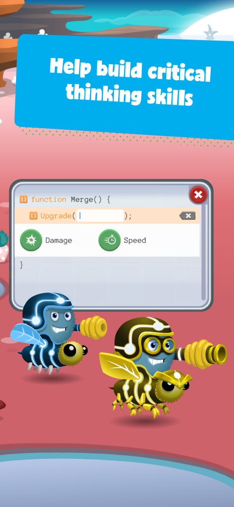 Bug World by Kodable - Educational interface in Bug World by Kodable where children use JavaScript code to upgrade hero character stats.