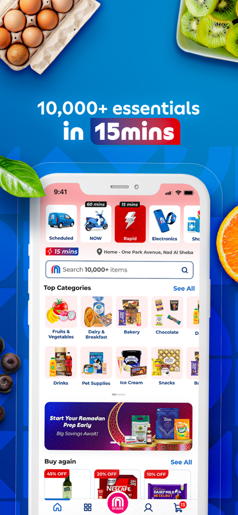 MAF Carrefour app home screen showing grocery categories and 15 minute delivery option