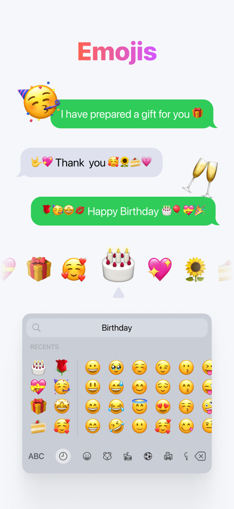 Keyboard Fonts for iPhone! - Una captura de pantalla de una aplicación de iPhone que muestra una conversación de texto con emojis vibrantes y un teclado de emojis personalizado para mensajería