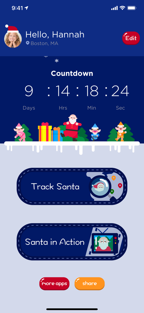 Santa Tracker app home screen featuring a Christmas countdown and Track Santa options.