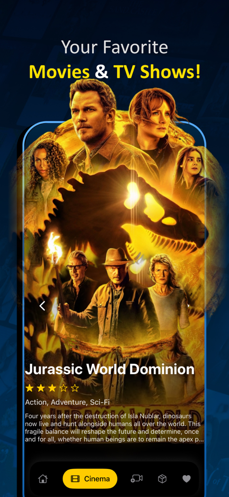 Absolute - Movies & TVShow Box - Interfaz de la aplicación Absolute que muestra detalles de la película Jurassic World Dominion, incluyendo póster y géneros.