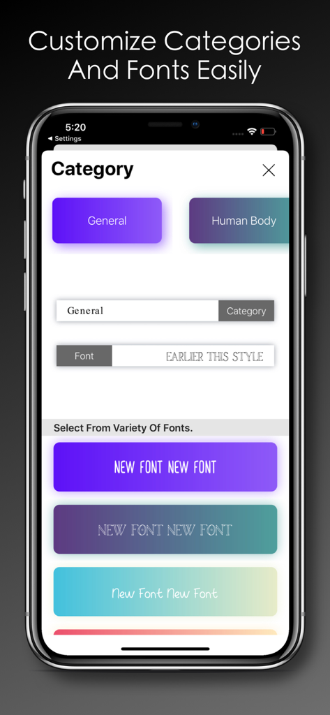Uma tela do aplicativo Daily Random Facts mostrando opções para personalizar categorias e escolher entre uma variedade de fontes com gradientes coloridos.