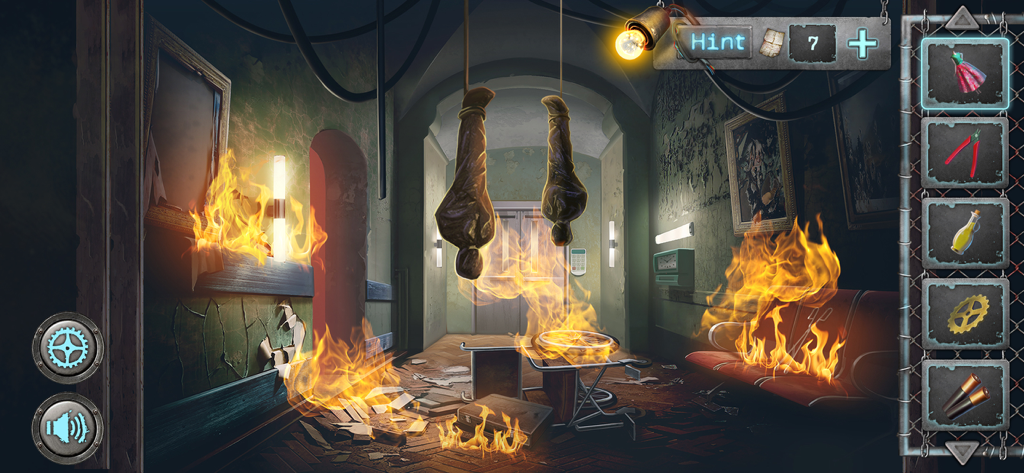 Scary Horror 2: Escape Room - A burning room with hanging body bags and a puzzle inventory in Scary Horror 2 Escape Room.