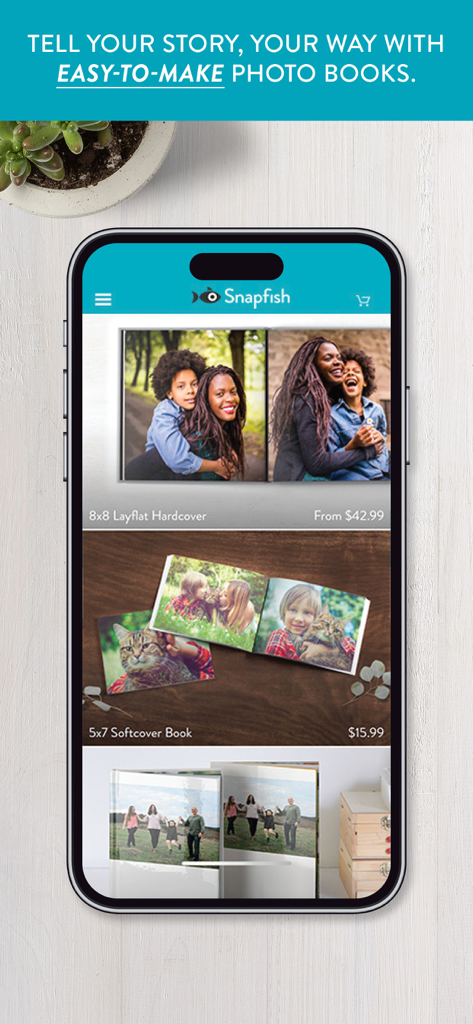 Snapfish mobile app interface displaying custom photo book options including layflat hardcover and softcover books.
