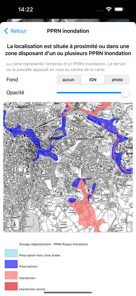 Coo - Interface da aplicação Coo apresentando zonas de risco de inundação num mapa da cidade de Vannes
