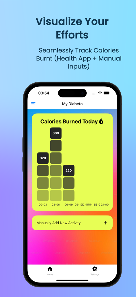 My Diabeto - My Diabeto app screenshot showing a visual chart of calories burned today and a button to manually add new activity