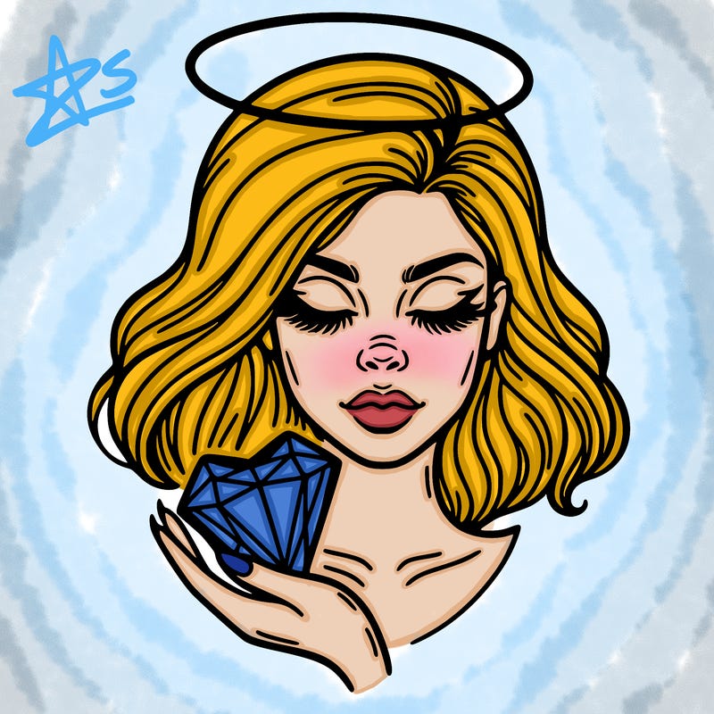 a face of a woman with an halo above her head and a crystal heart in her hand