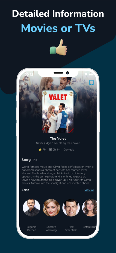 A smartphone screen showing movie details including title rating and cast list in the Movie Max app