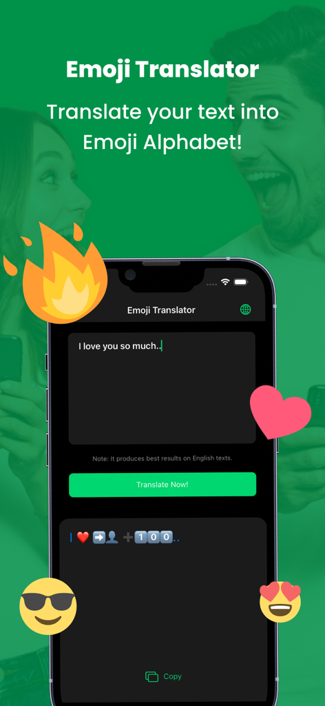 Emoji Translator feature in Dual Messenger app showing text converted to emoji symbols